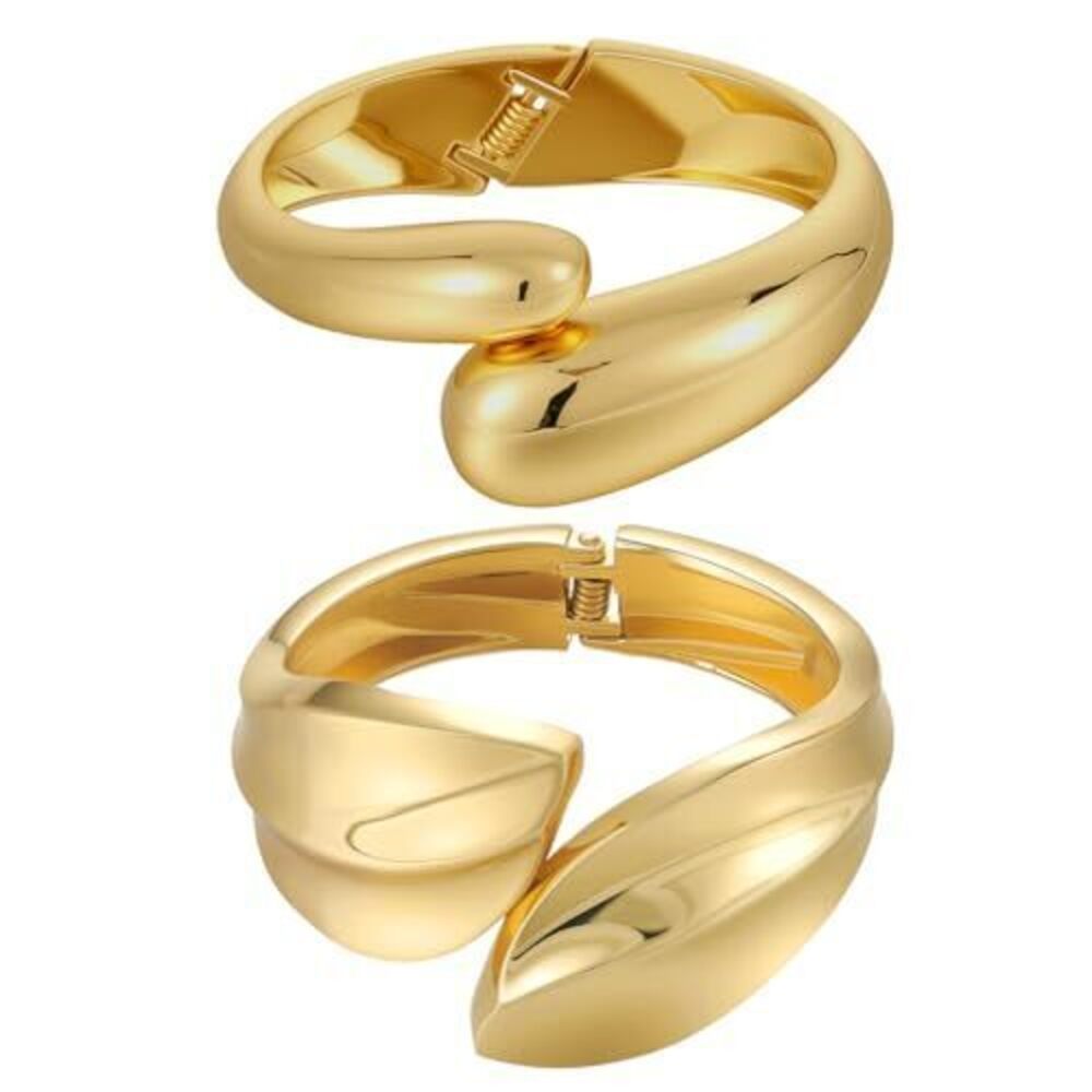 3361 Gold Bangle Cuff Bracelet Stack, 18K Gold Plated Chunky Teardrop